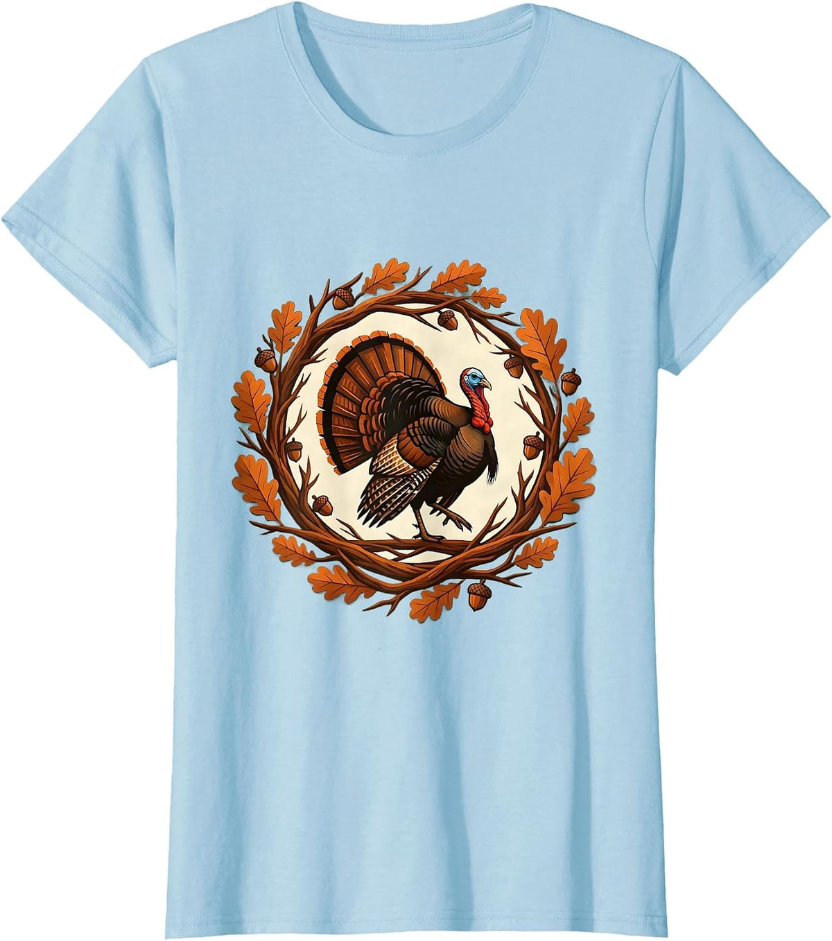 Camo Turkey Striding Through Autumn Oak Leaves T-Shirt - Baby Blue