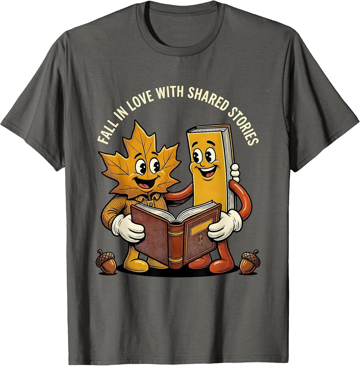 Men's Fall In Love With Shared Stories Retro Cartoon Teacher Book T-Shirt - Asphalt Grey