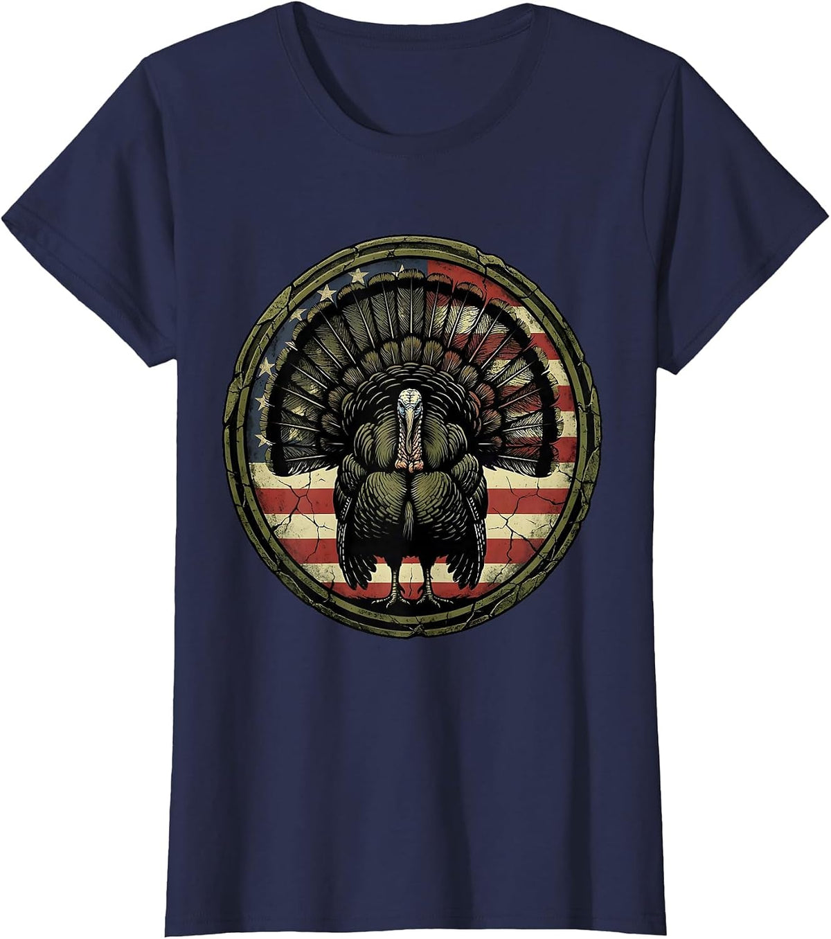 Women's Turkey Feathers Woodland Camo Hunting Design T-Shirt - Navy Blue