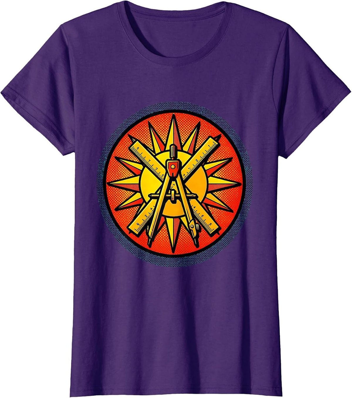 Women's Ruler and Compass Geometric Sun Illustration T-Shirt - Purple