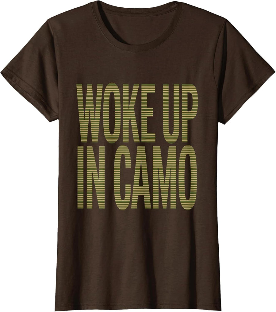 Women's Woke Up In Camo Duck Hunting Design T-Shirt - Brown