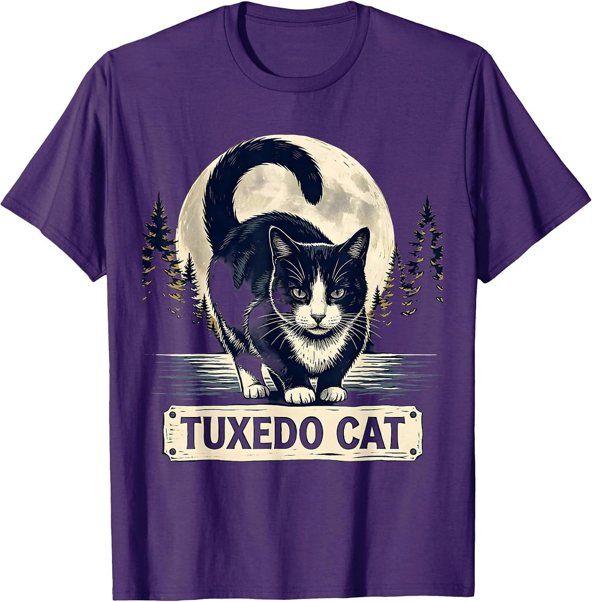 Men's Tuxedo Cat Linocut 90s Retro Moonlit Portrait T-Shirt - Purple