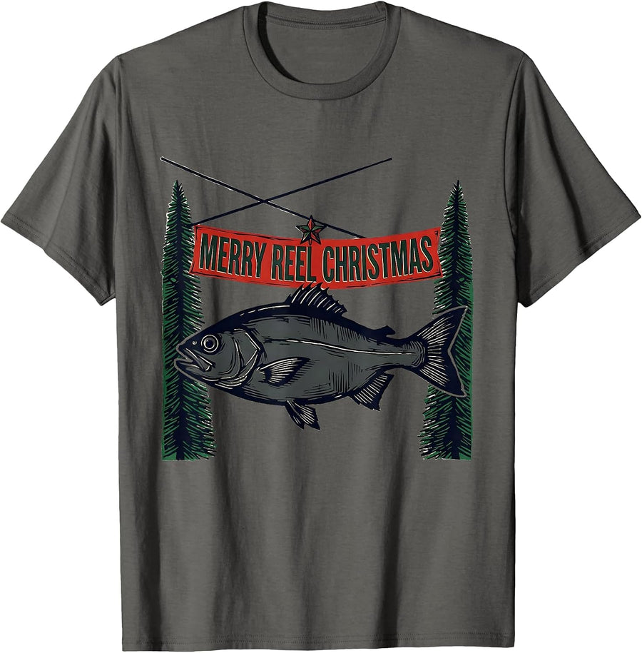 Merry Reel Christmas Funny Bass Fishing Christmas Dad T-Shirt - Asphalt Grey