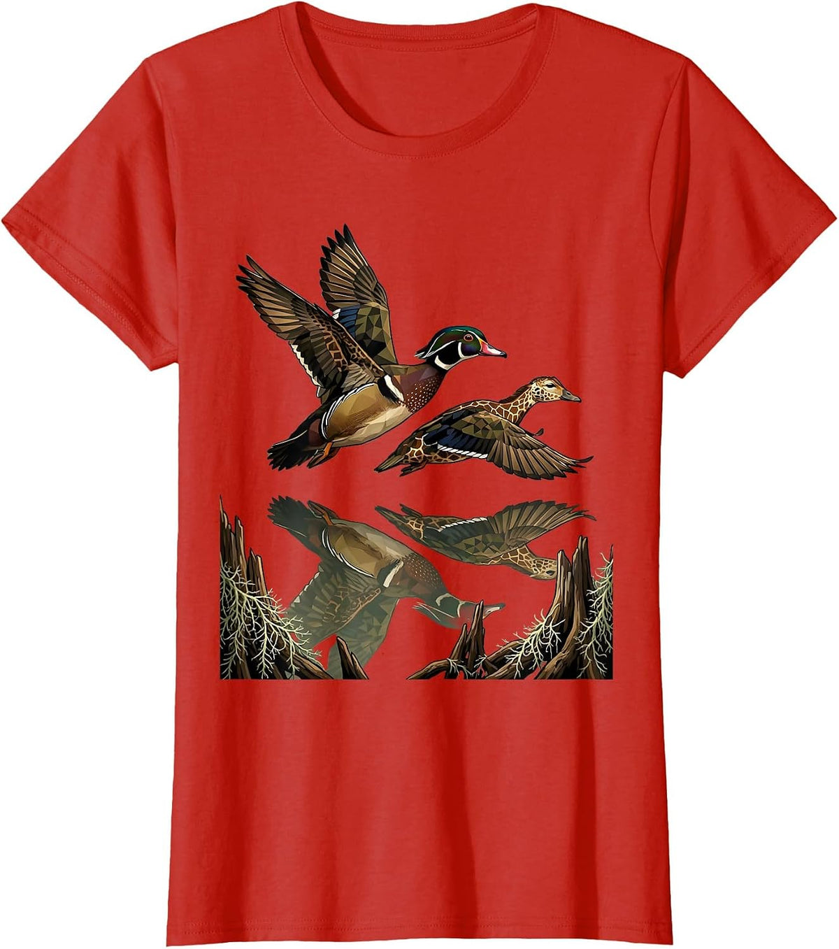 Women's Wood Duck Pair Bottomland Camo Waterfowl Design T-Shirt - Red