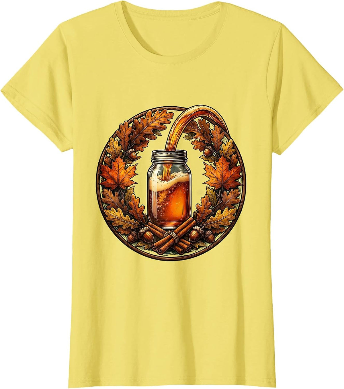 Fall Cider Pour Mason Jar Autumn Harvest Illustration T-Shirt - Lemon Yellow