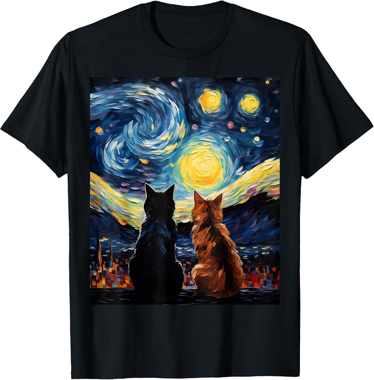 Funny Couples Cats Lover Starry Night Vincent Van Gogh Cat T-Shirt - Black