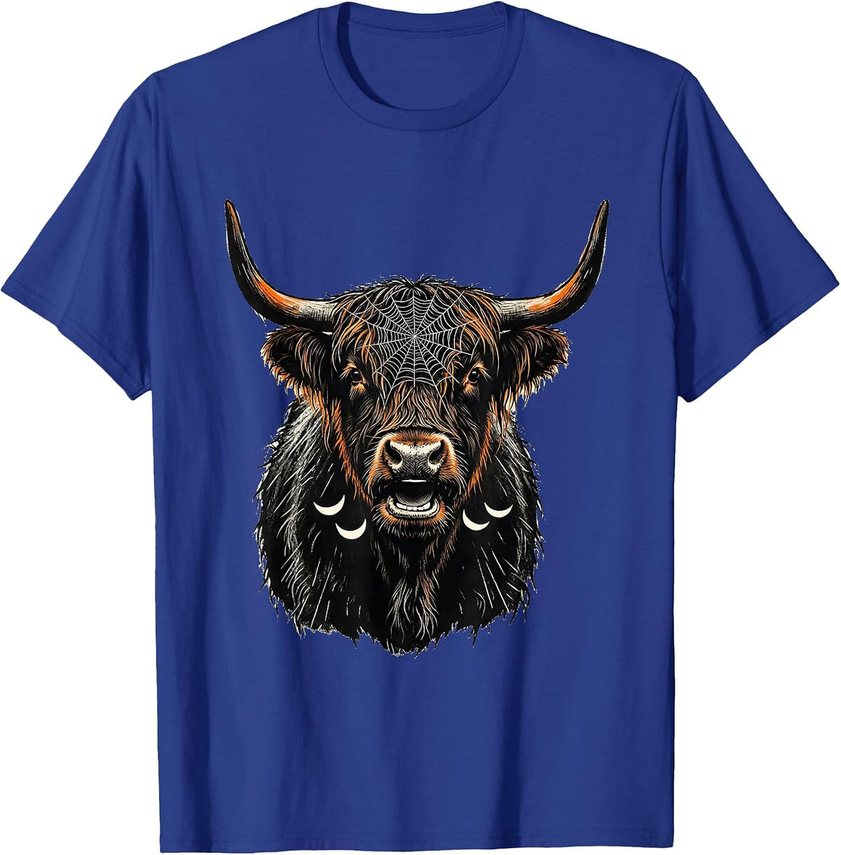 Highland Cow Linocut Spooky Halloween Humor T-Shirt - Royal Blue