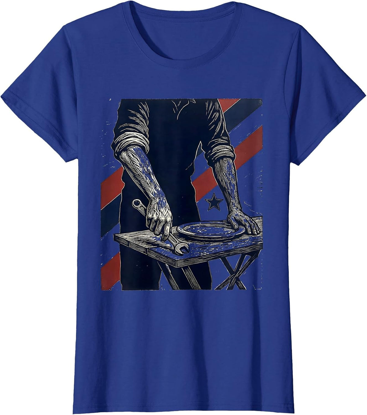 Women's Rolled Sleeve Forearms Linocut Patriotic Labor Day Tribute T-Shirt - Royal Blue