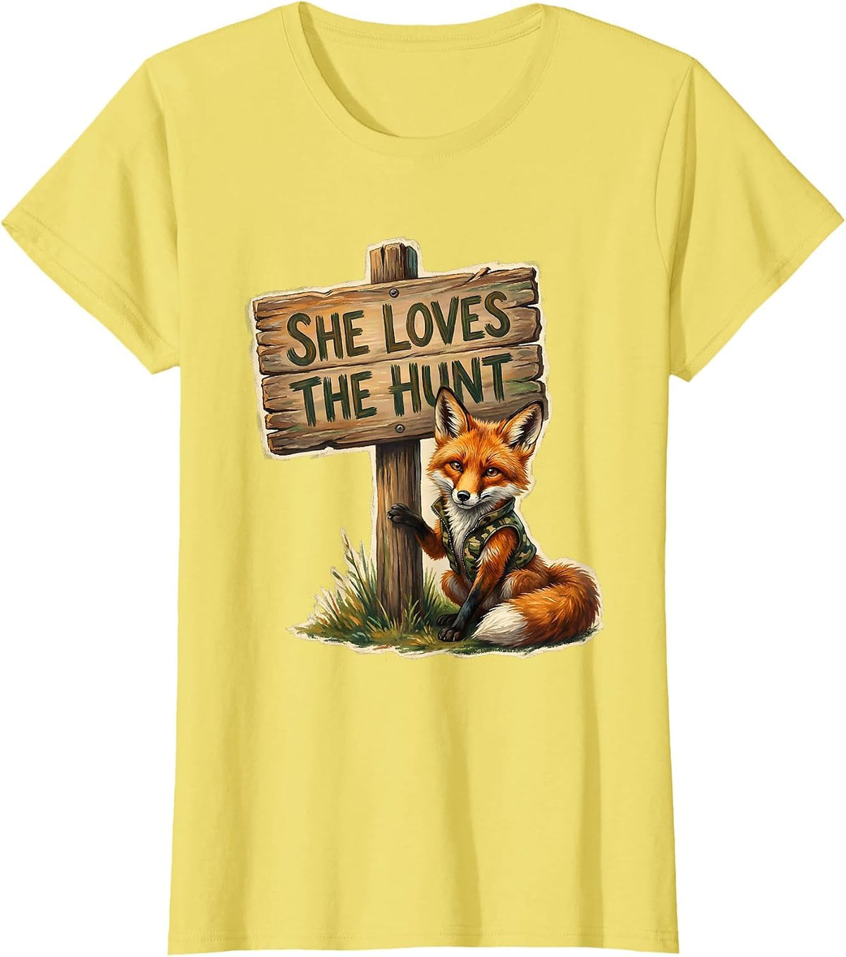 She Loves The Hunt Camo Hunting Design T-Shirt - Lemon Yellow