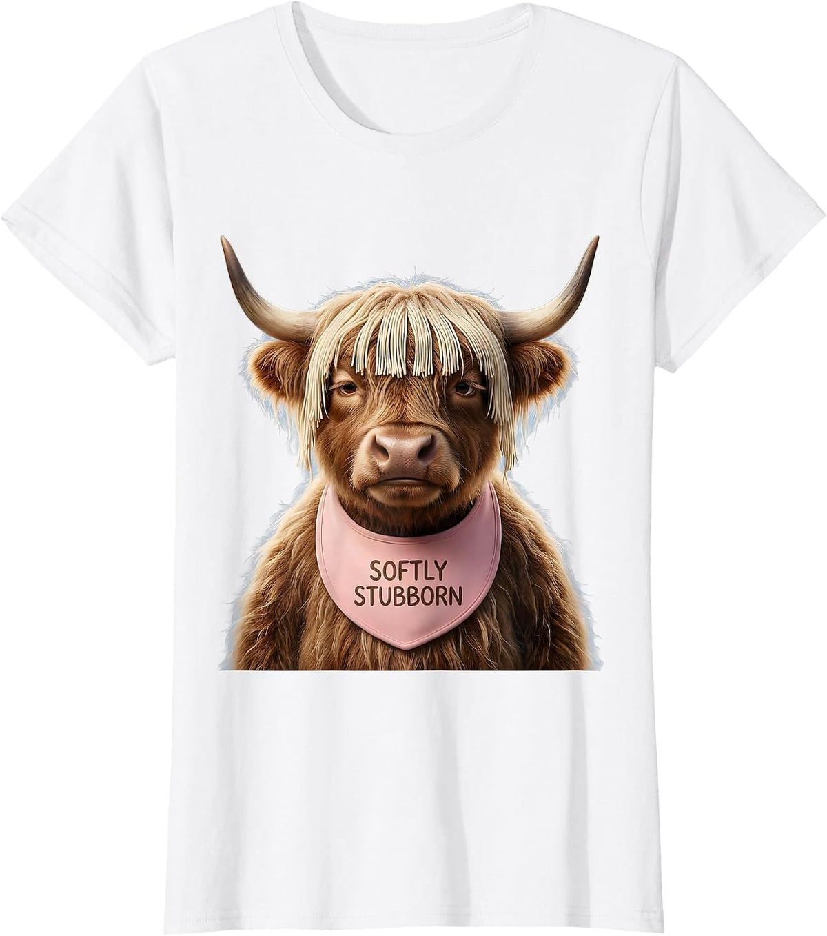 Softly Stubborn Cute Kawaii Highland Cow Novelty Humor T-Shirt - White