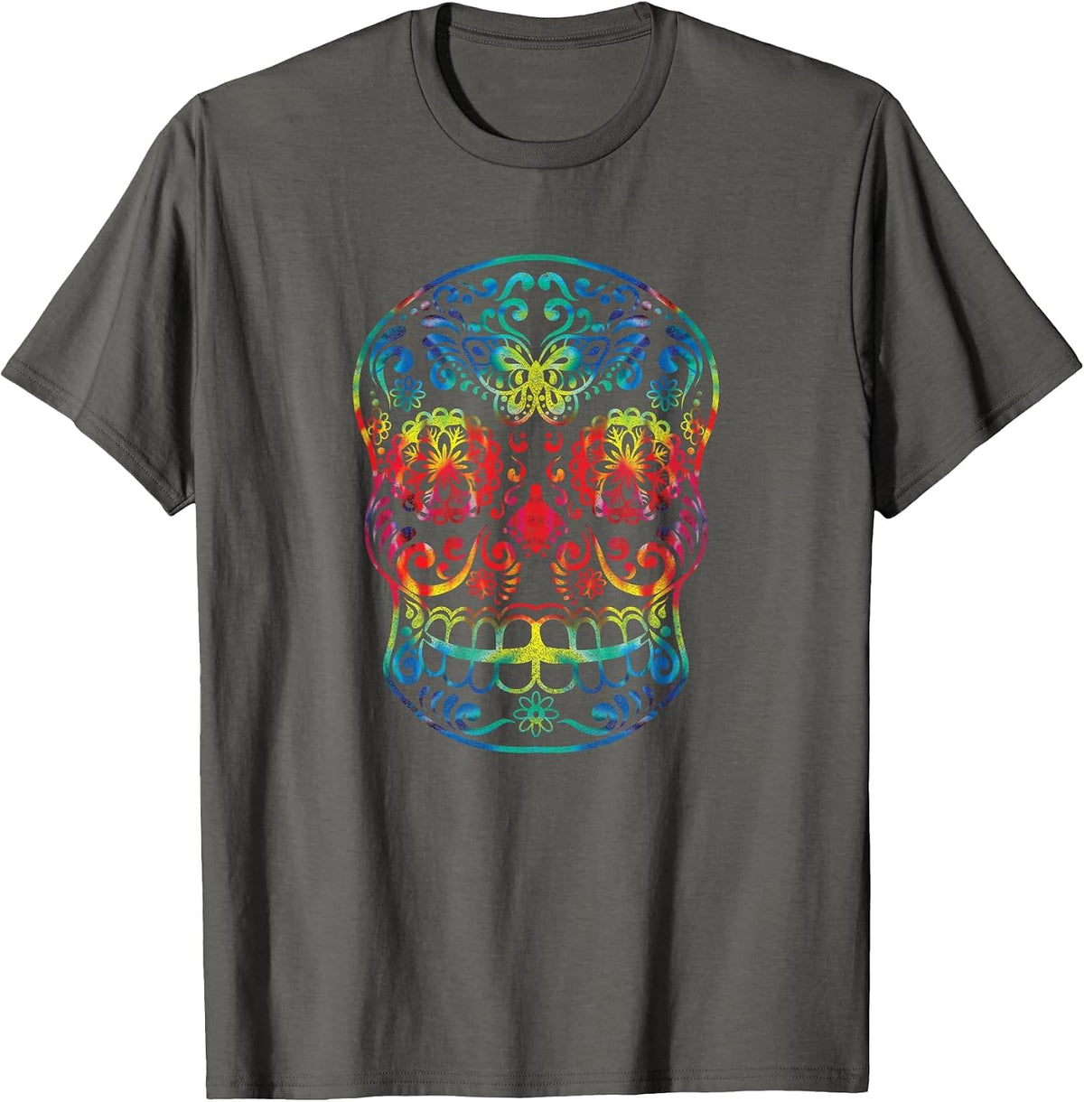 Tie Dye Sugar Skull | Day of the Dead | Psychedelic T-Shirt - Asphalt Grey