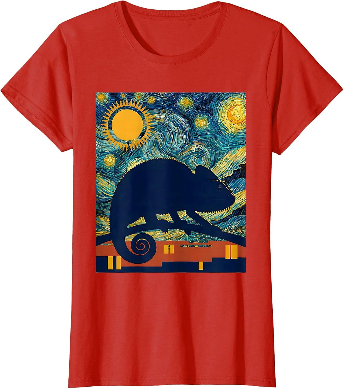 Chameleon Starry Night Animal Lover Van Gogh Art Meme T-Shirt - Red
