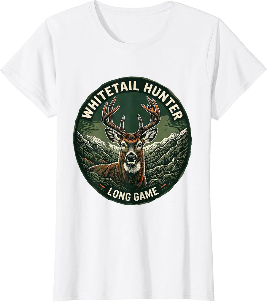 Women's Whitetail Hunter Long Game Linocut Camo Dad Hunting T-Shirt - White