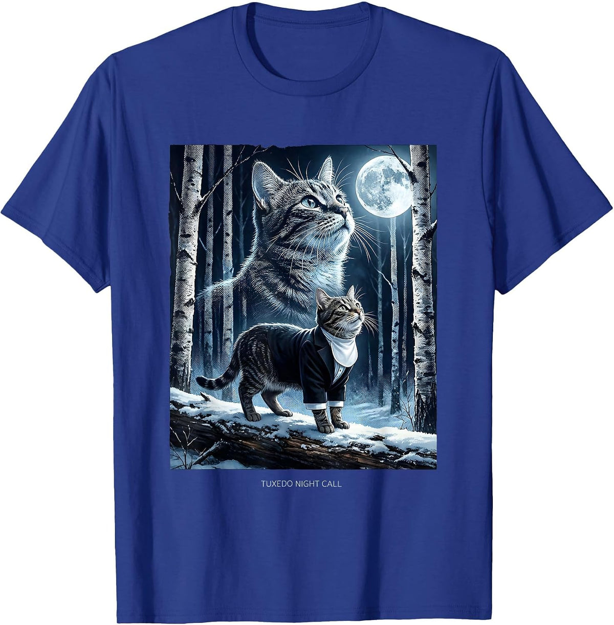 Tuxedo Night Call 90s Retro Tuxedo Cat Portrait T-Shirt - Royal Blue