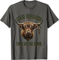 Good Behavior Ends At The Door Vintage Highland Cow T-Shirt - Asphalt Grey