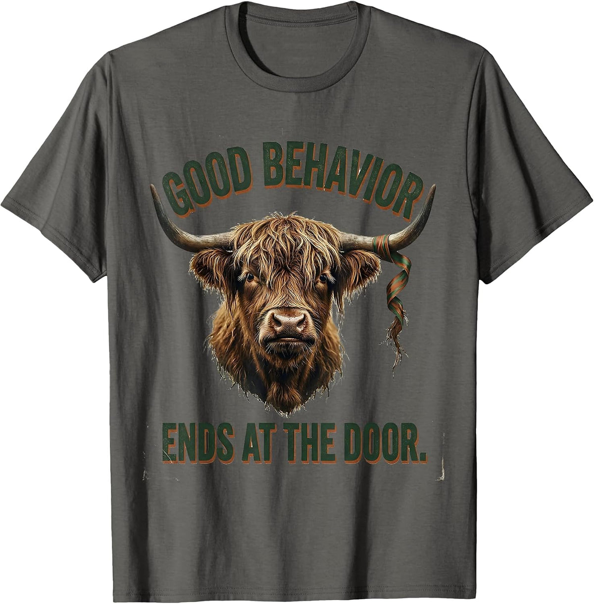 Good Behavior Ends At The Door Vintage Highland Cow T-Shirt - Asphalt Grey