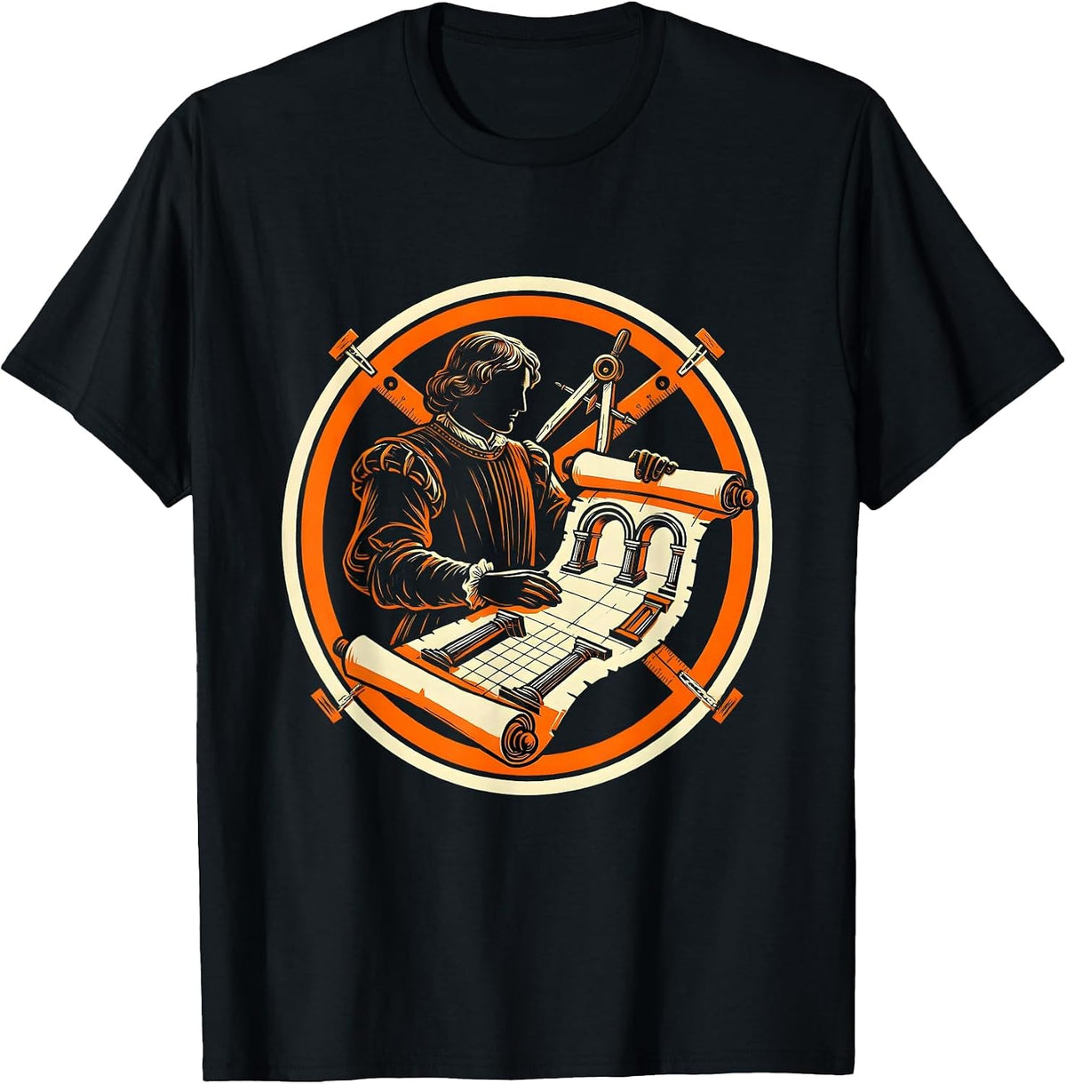 Men's Renaissance Architect Unrolling Blueprint Scroll T-Shirt - Black