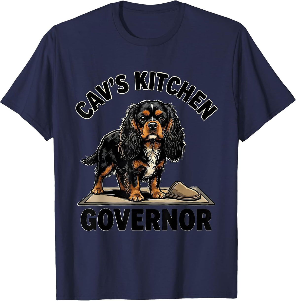Cav's Kitchen Governor Cartoon Cavalier King Charles Spaniel T-Shirt - Navy Blue