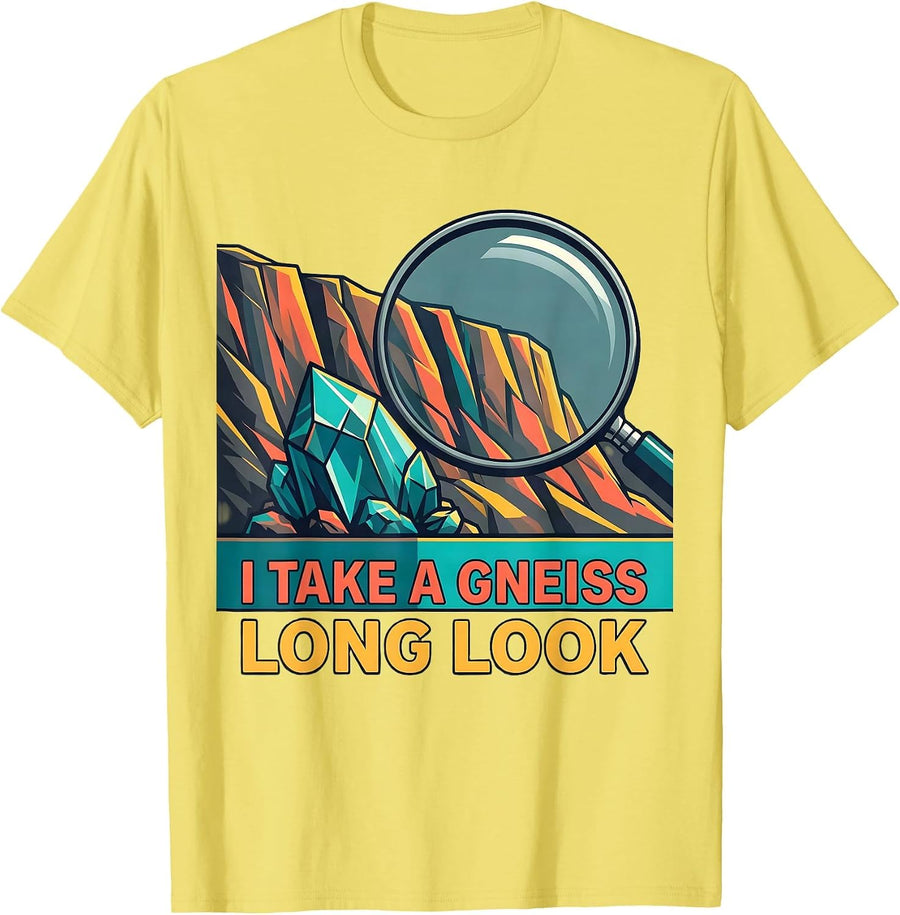 Men's I Take a Gneiss Long Look Funny Geologist Rock Collector T-Shirt - Lemon Yellow