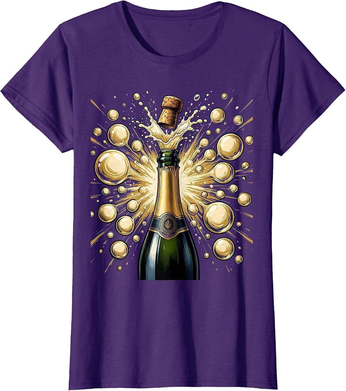 Women's Champagne Explosion Burst of Bubbles Graphic Tee T-Shirt - Purple