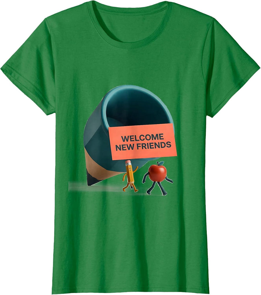 Women's Welcome, New Friends Midcentury Modern Back To School T-Shirt - Kelly Green