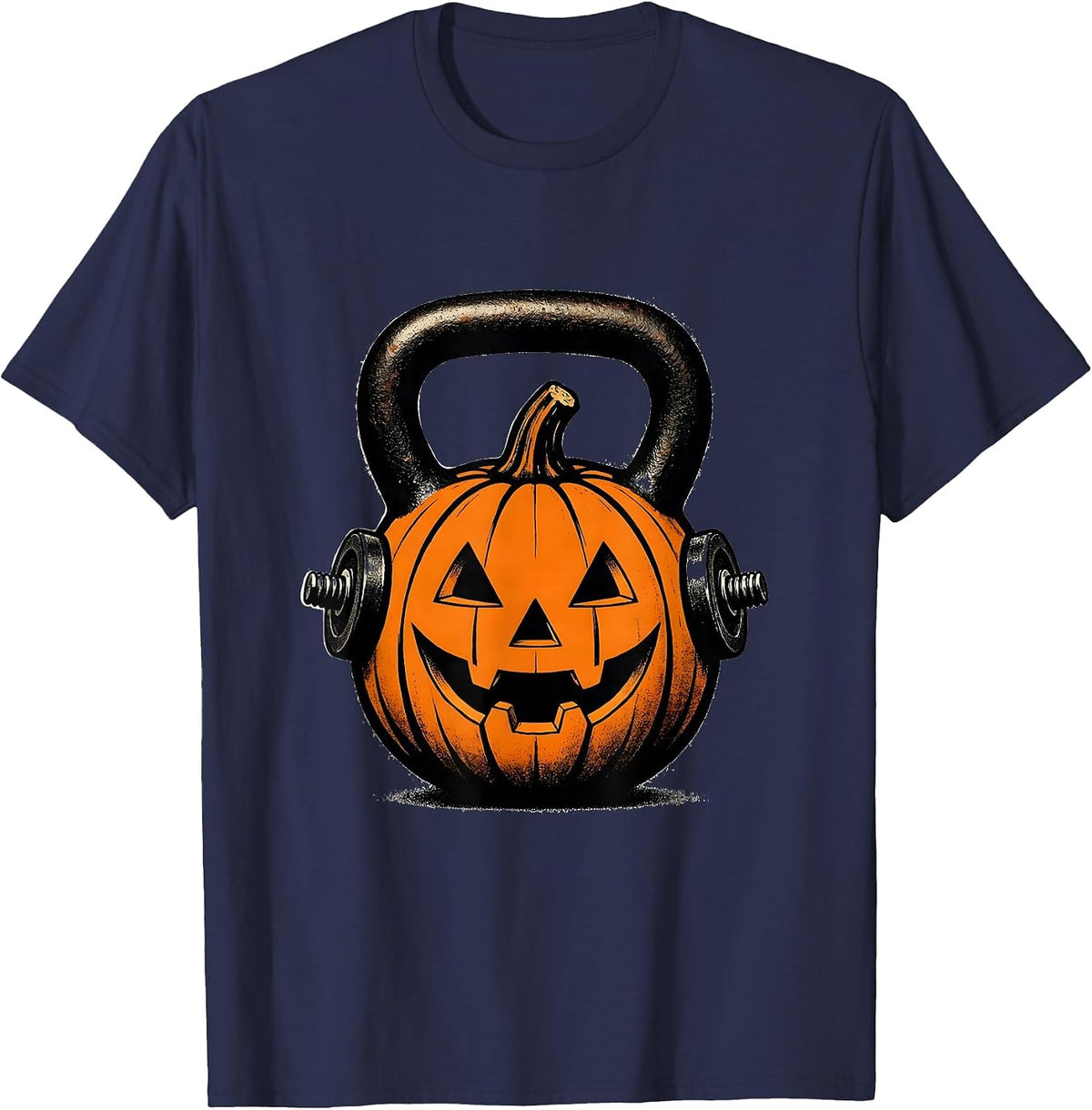 Men's Jacked O Lantern Kettlebell Halloween Gym Workout Lifting T-Shirt - Navy Blue
