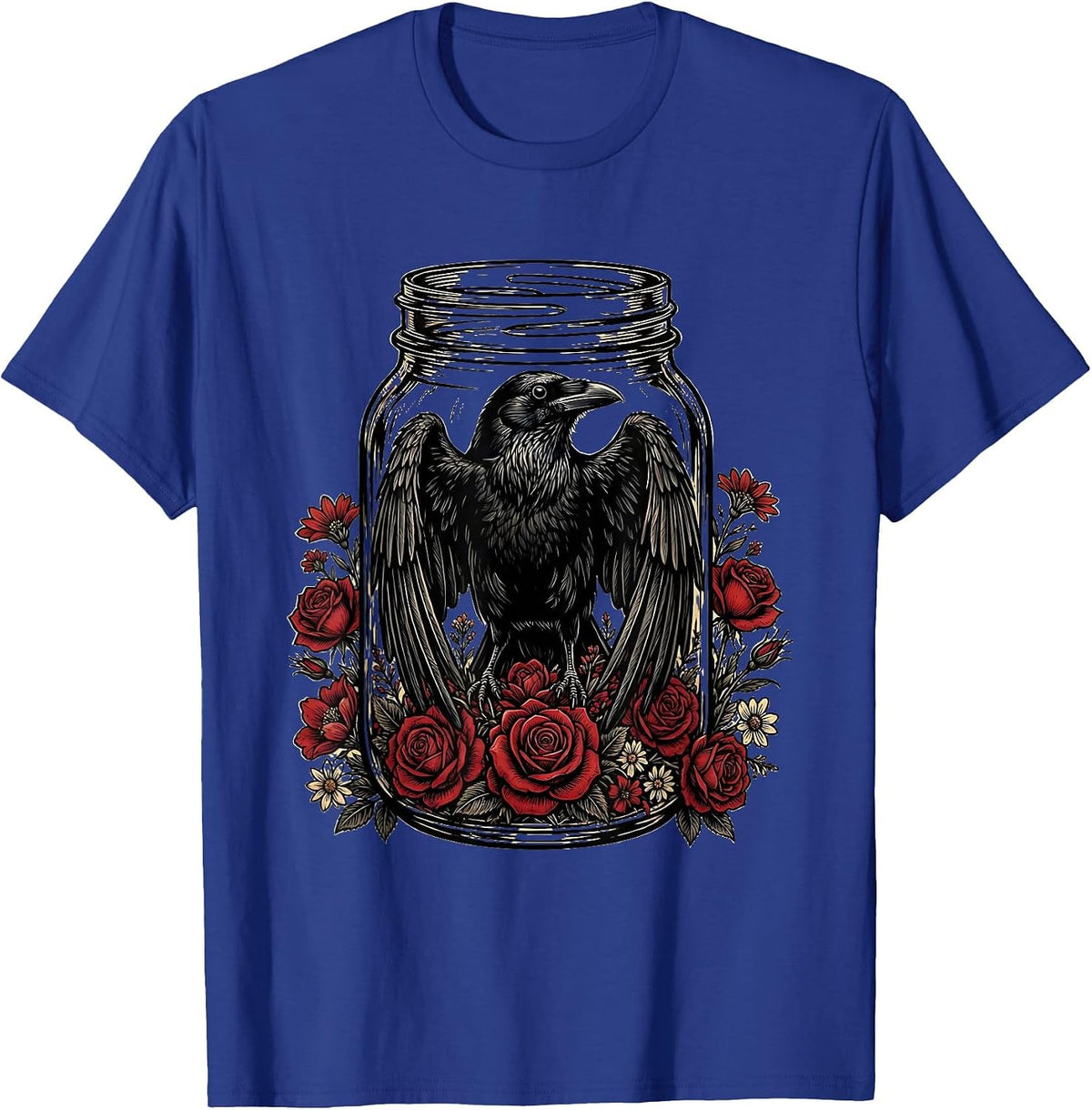 Crow in a Mason Jar with Flowers Illustration T-Shirt - Royal Blue