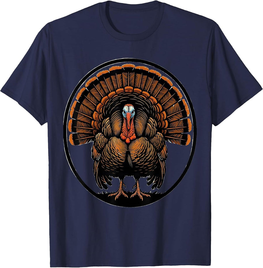 Turkey Strutting Fanned Tail Feathers Hunting Design T-Shirt - Navy Blue