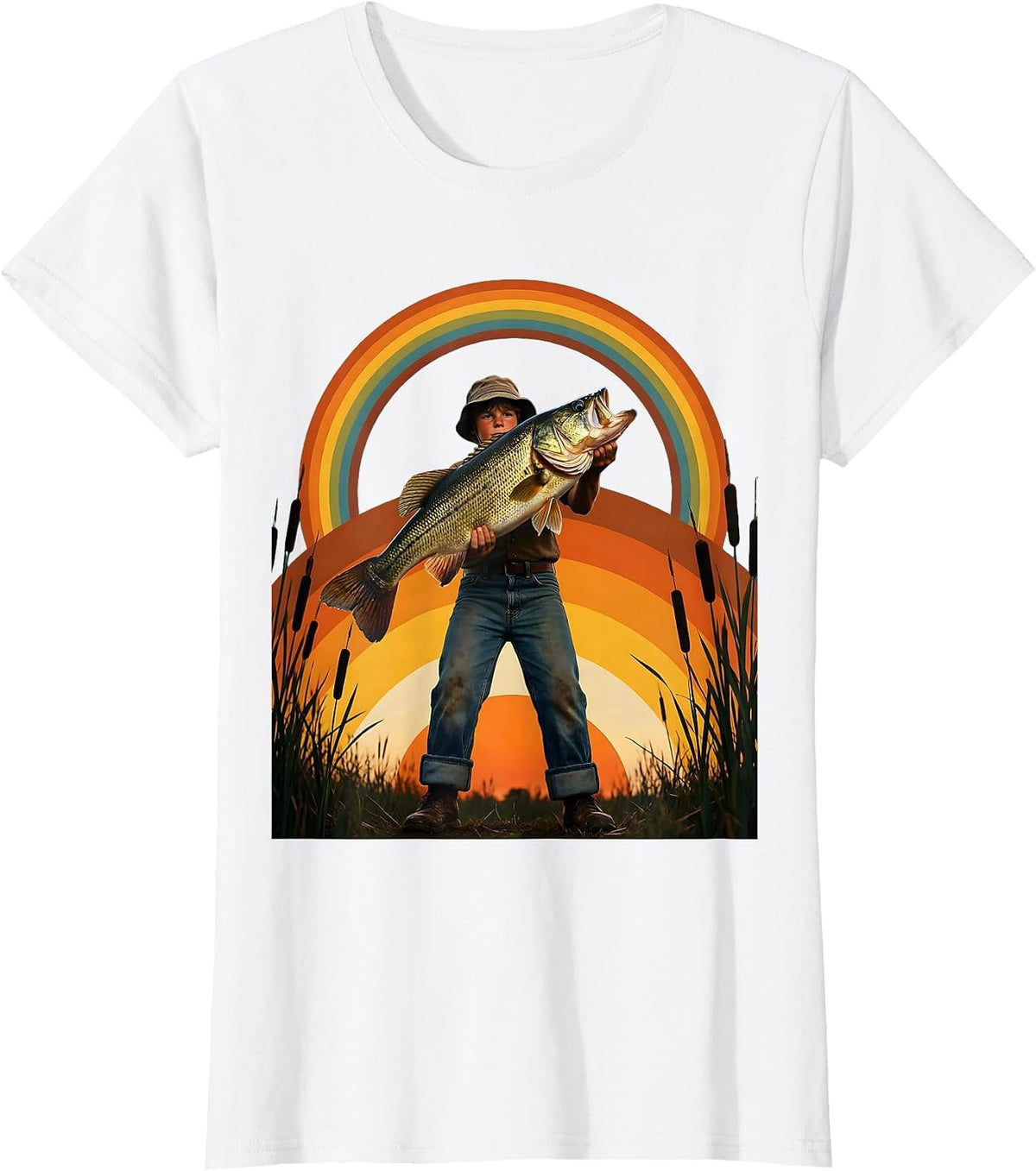 Young Angler Holding Giant Trophy Bass Fishing T-Shirt - White