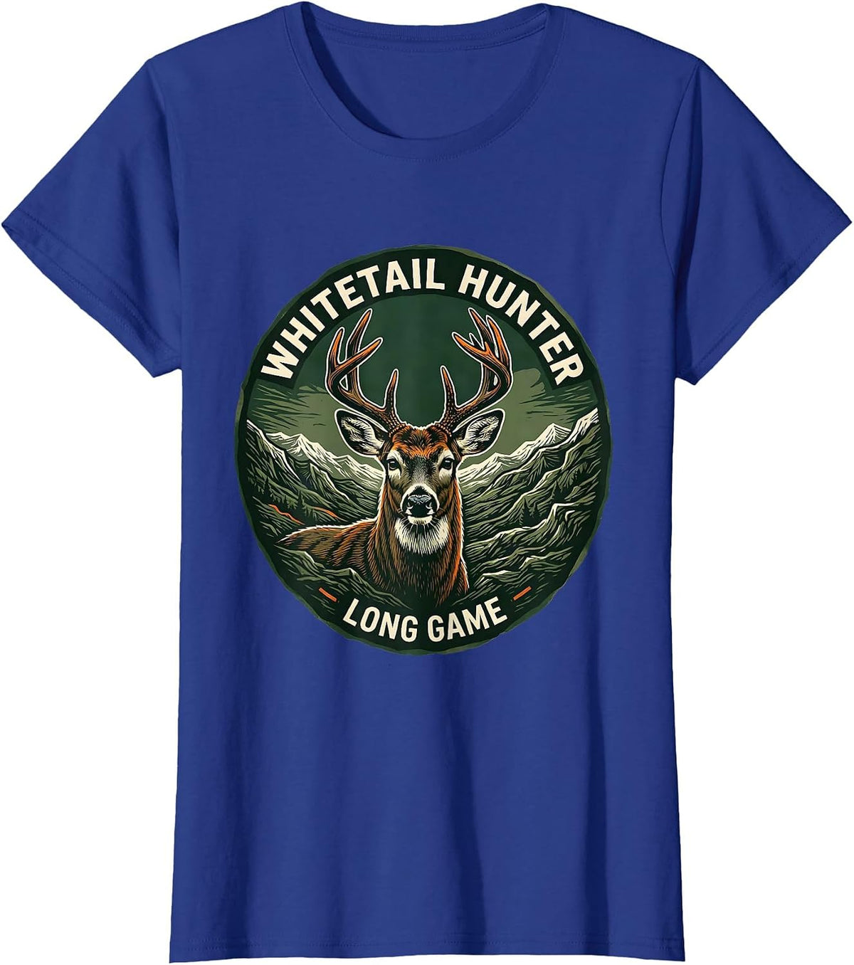 Women's Whitetail Hunter Long Game Linocut Camo Dad Hunting T-Shirt - Royal Blue