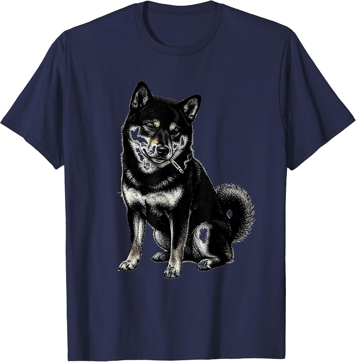 Men's Slouched Shiba Inu Blackwork Dotwork Smoking Dog Meme T-Shirt - Navy Blue