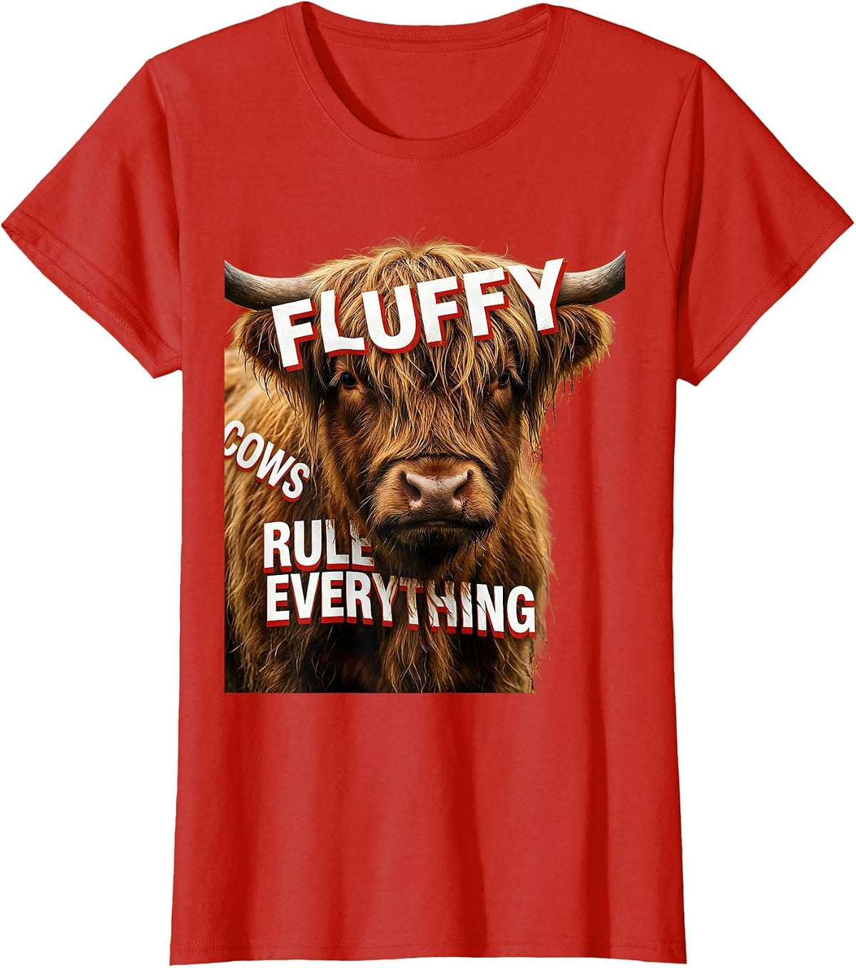 Women's Fluffy Cows Rule Everything Highland Cow Design T-Shirt - Red