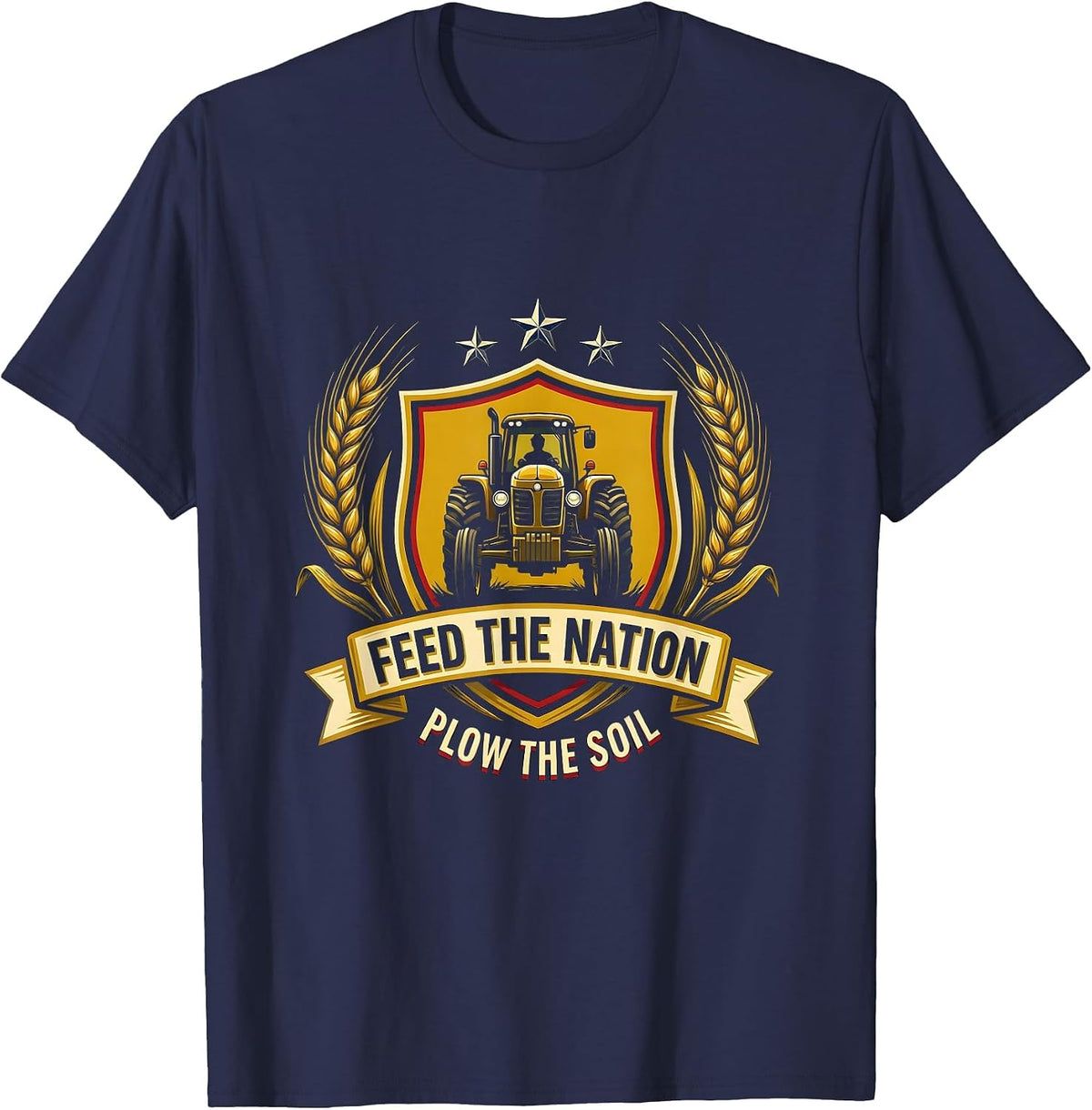 Feed The Nation Plow The Soil Farm Tractor Emblem T-Shirt - Navy Blue