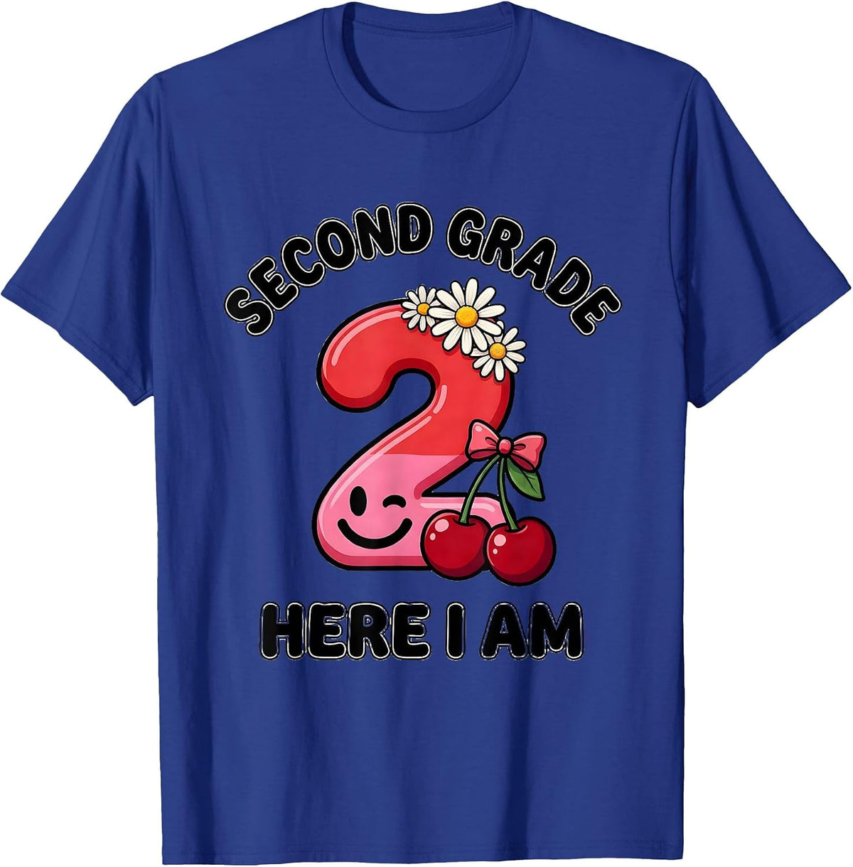Second Grade Here I Am Retro Daisy Cherry First Day School T-Shirt - Royal Blue