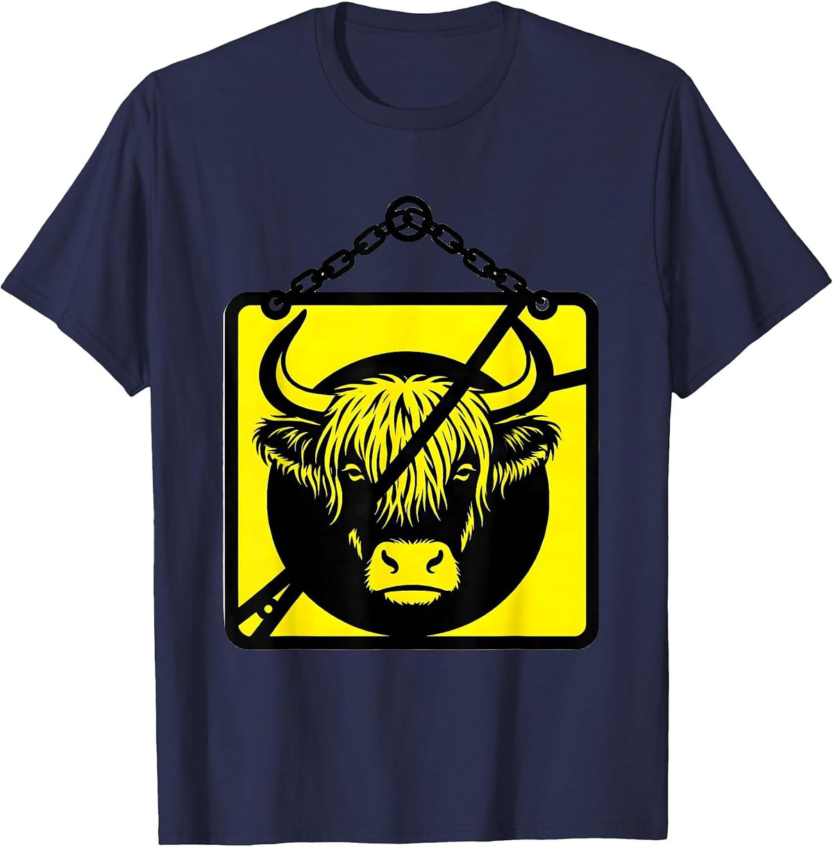 Highland Cow Stencil Graphic Farm Animal Lover Cozy T-Shirt - Navy Blue