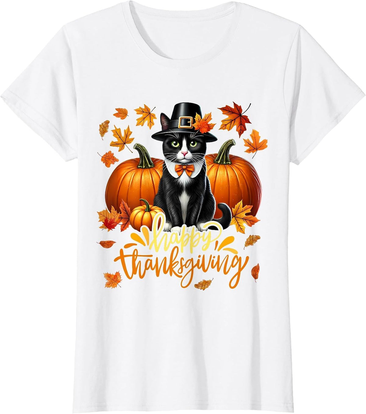 Cool Thanksgiving Cat Turkey Pilgrim Hat Pumpkin Tuxedo Cat T-Shirt - White