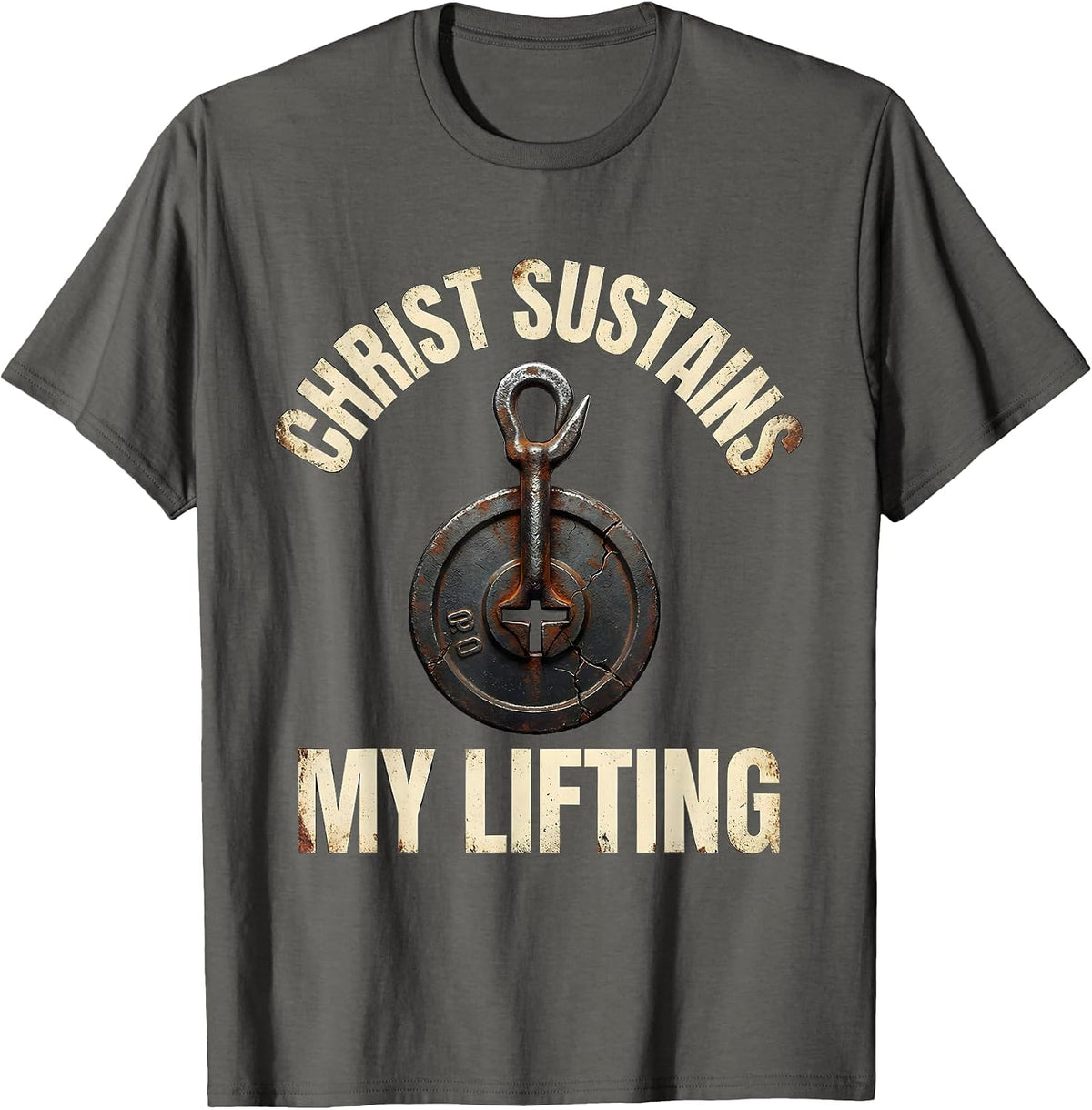 Christ Sustains My Lifting Distressed Christian Gym T-Shirt - Asphalt Grey