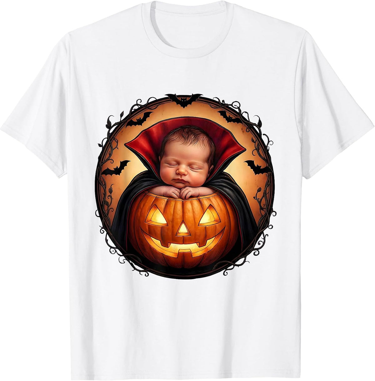 Men's NICU Halloween Tiny Baby Vampire Pumpkin Design T-Shirt - White