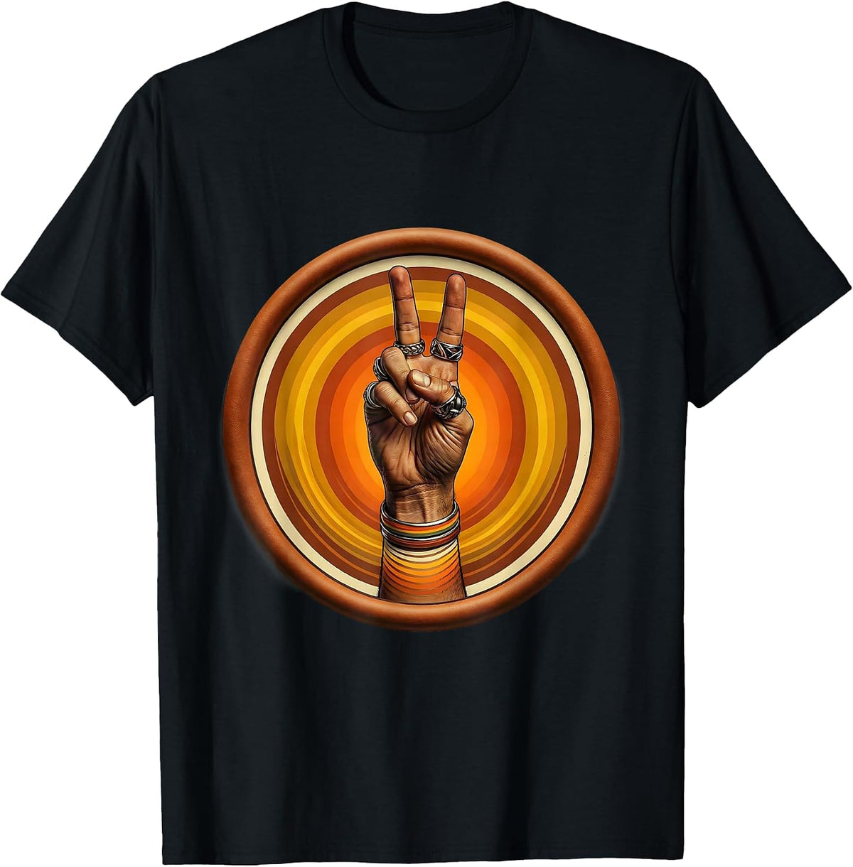 Men's Hip Hop Peace Sign Hand Rings Graphic T-Shirt - Black