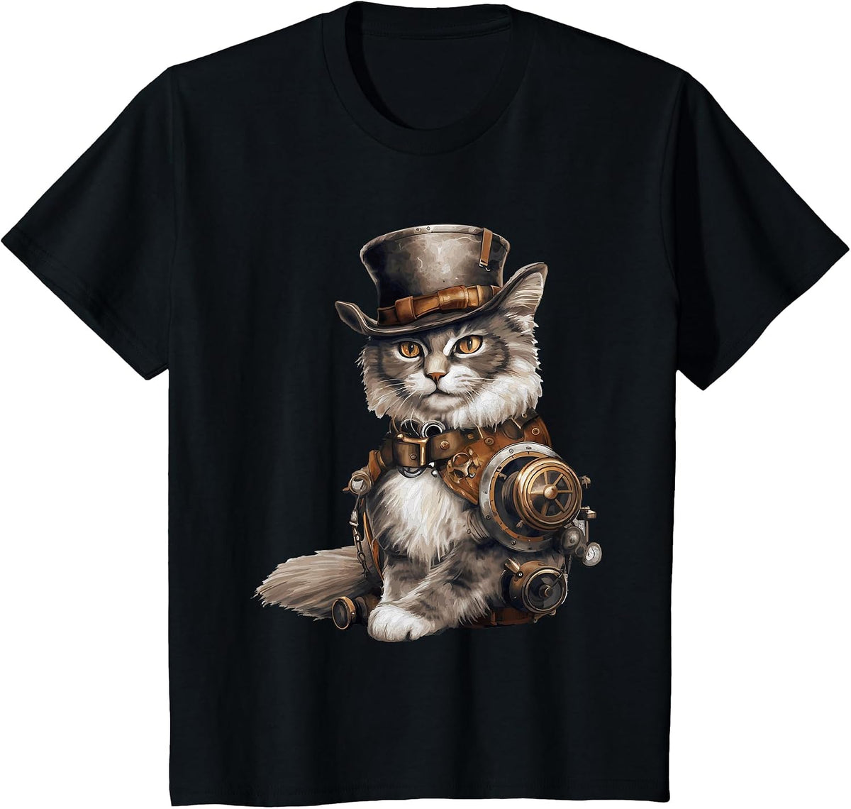 Steampunk Cat with Hat Graphic Design Cat Lover Art Fantasy T-Shirt - Black