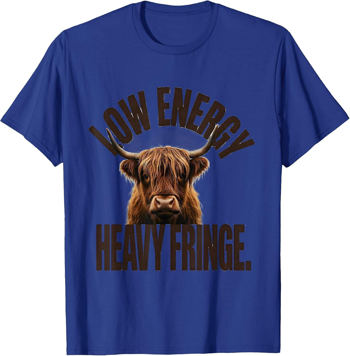 Low Energy, Heavy Fringe Funny Highland Cow Character T-Shirt - Royal Blue