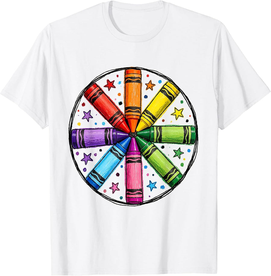 Men's Crayon Color Wheel Mandala Art Design T-Shirt - White