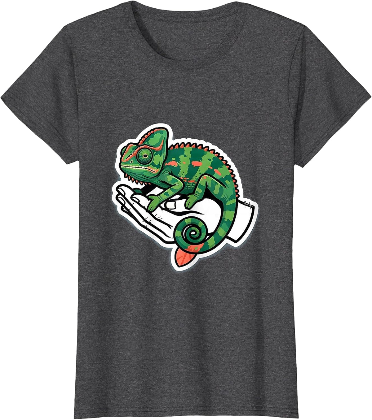 Women's Crested Chameleon Cute Pocket Pet Keeper Sticker Style T-Shirt - Dark Heather Grey