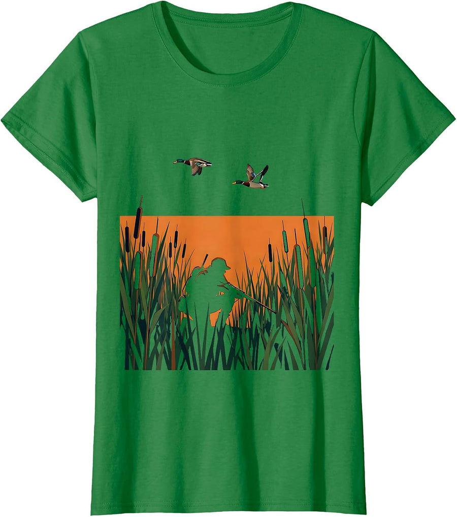 Women's Duck Hunter in the Reeds Hunting Illustration T-Shirt - Kelly Green