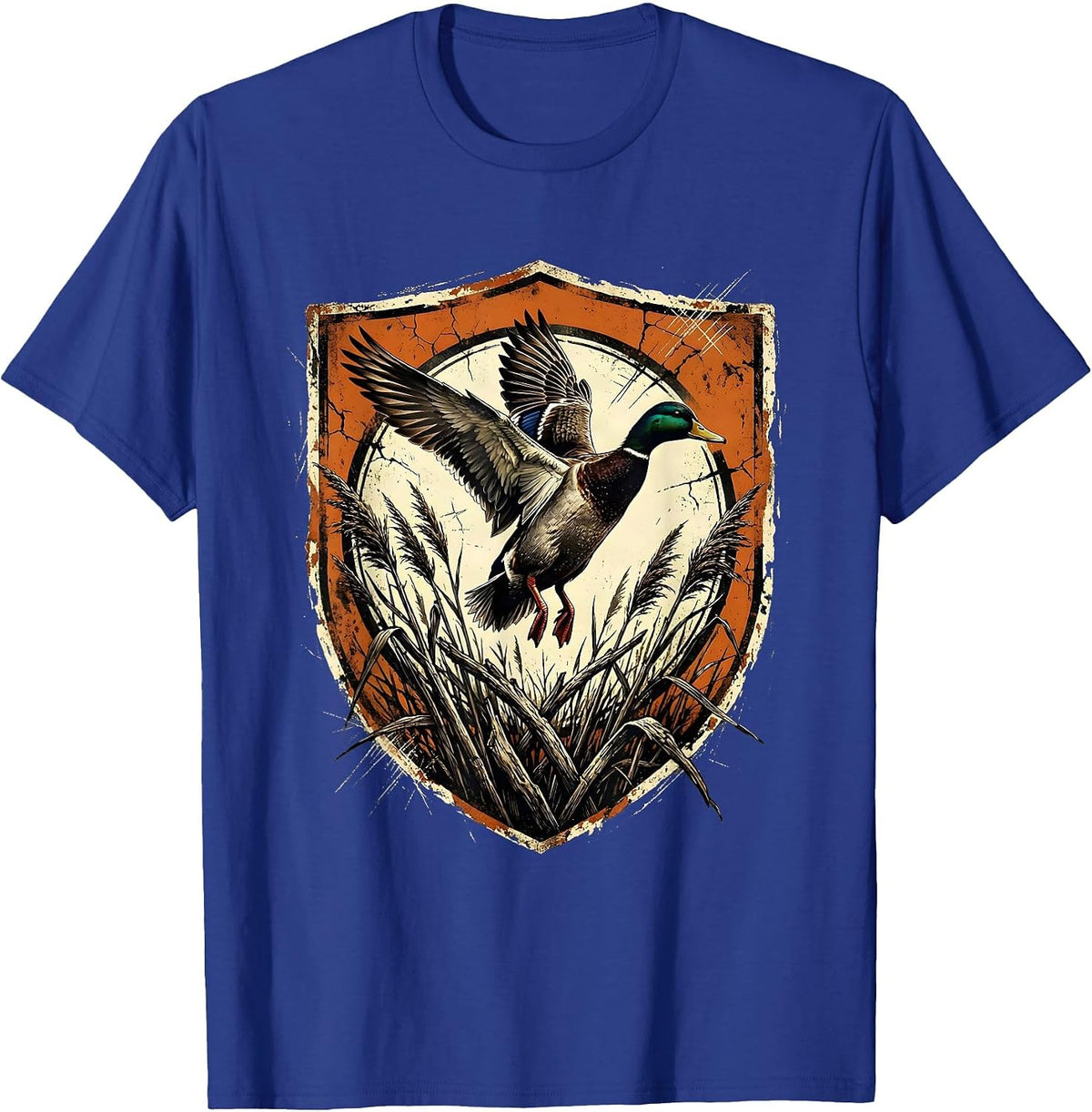 Duck in Flight Over Marsh Reeds Hunting Design T-Shirt - Royal Blue