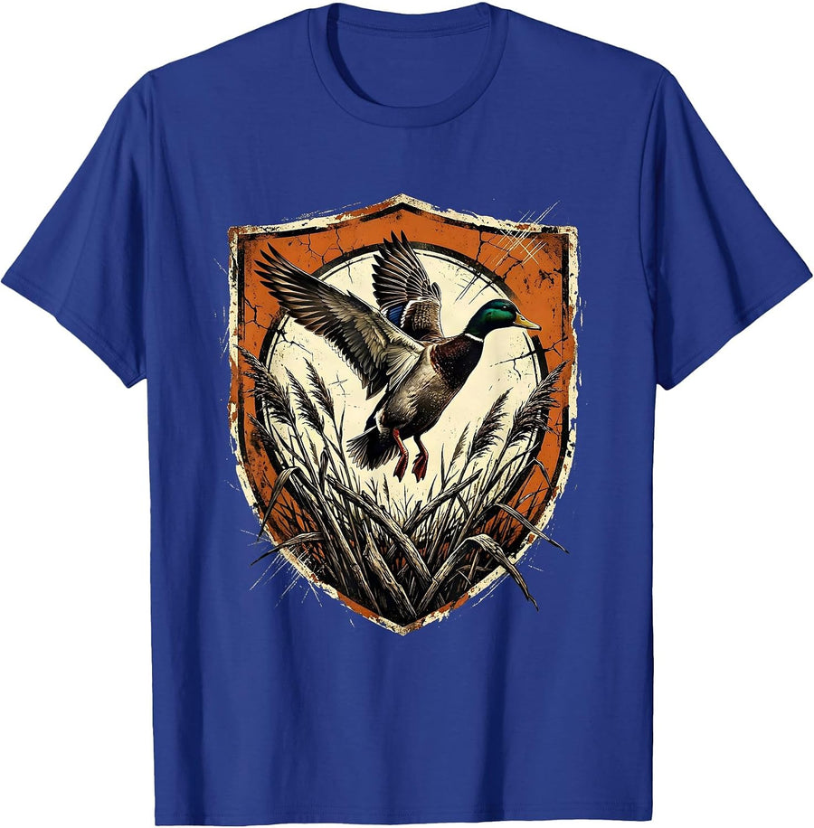 Duck in Flight Over Marsh Reeds Hunting Design T-Shirt - Royal Blue