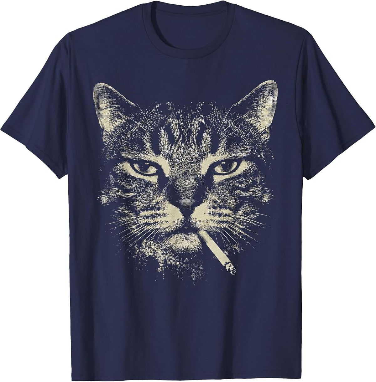 Funny Tabby Cat Smoking Cigarette Meme Vintage 90s Grunge T-Shirt - Navy Blue