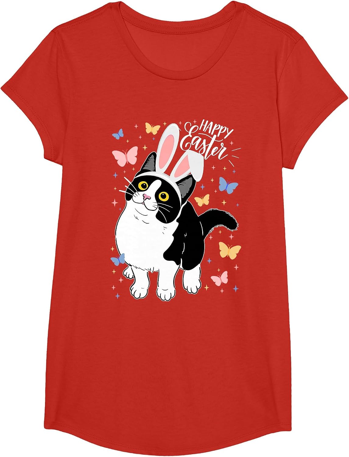 Funny Black Cat Easter Egg Happy Easter Bunny Tuxedo Cat T-Shirt - Girls Red