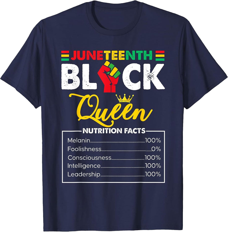 Womens Juneteenth Black African Queen Nutritional Facts T-Shirt - Navy Blue