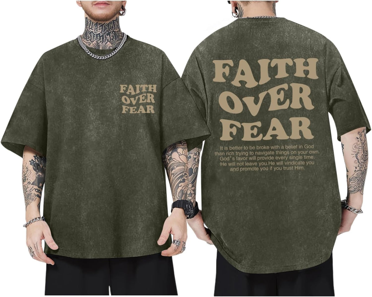 Christian Shirts for Men Faith Over Fear Oversized Tees - Army Green
